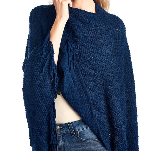 Navy Blue Pullover Fringed Poncho - Picture 2 of 3